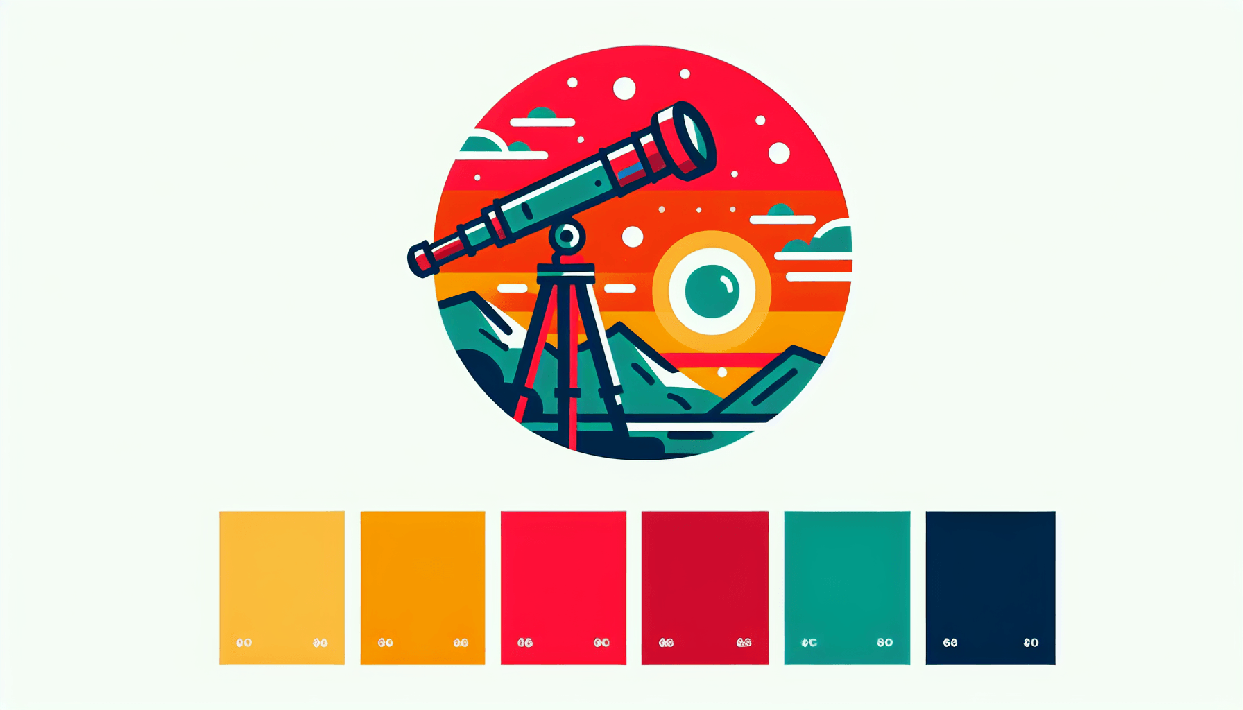 Telescope in flat illustration style and white background, red #f47574, green #88c7a8, yellow #fcc44b, and blue #645bc8 colors.