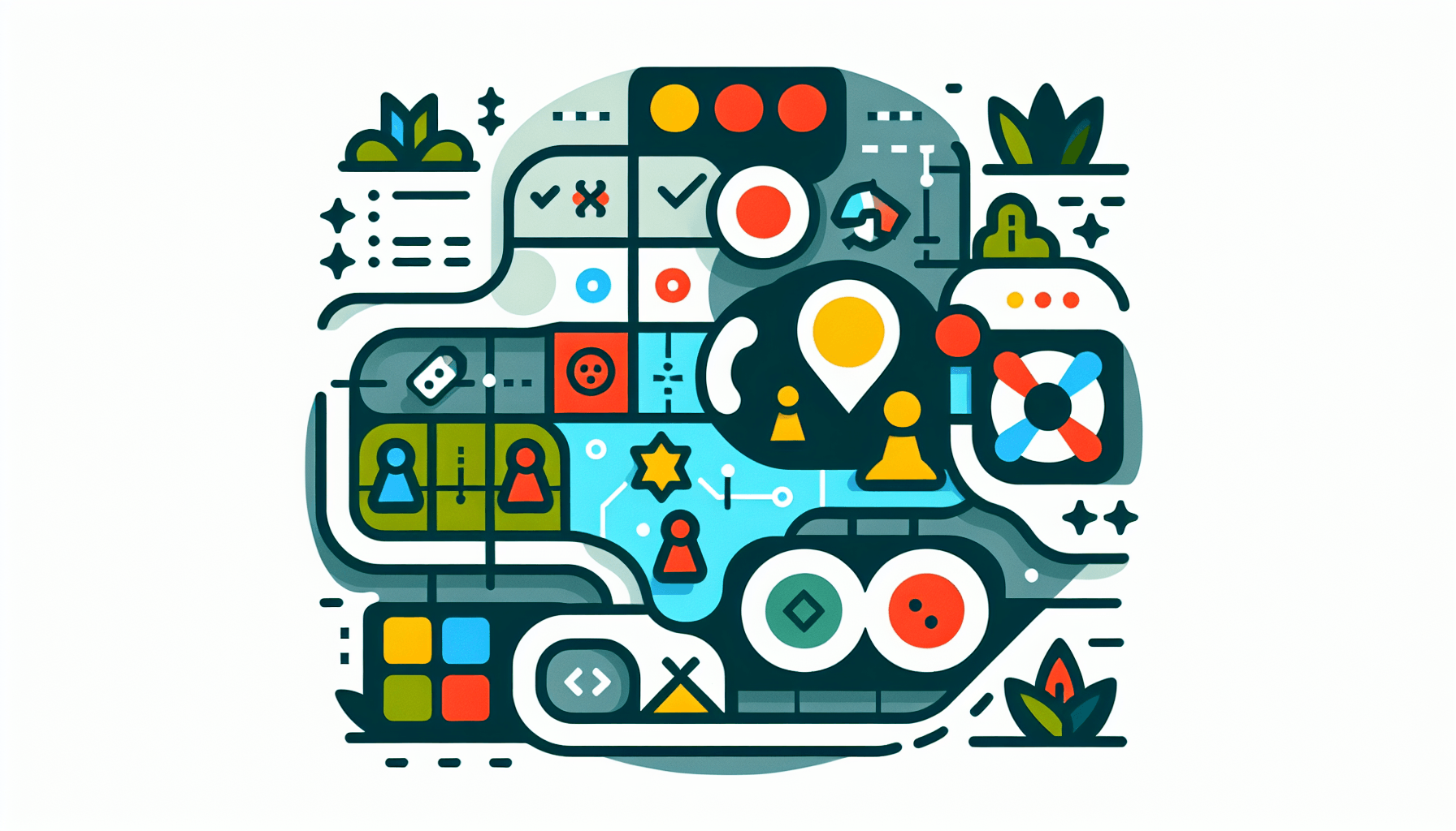 Game plan in flat illustration style and white background, red #f47574, green #88c7a8, yellow #fcc44b, and blue #645bc8 colors.
