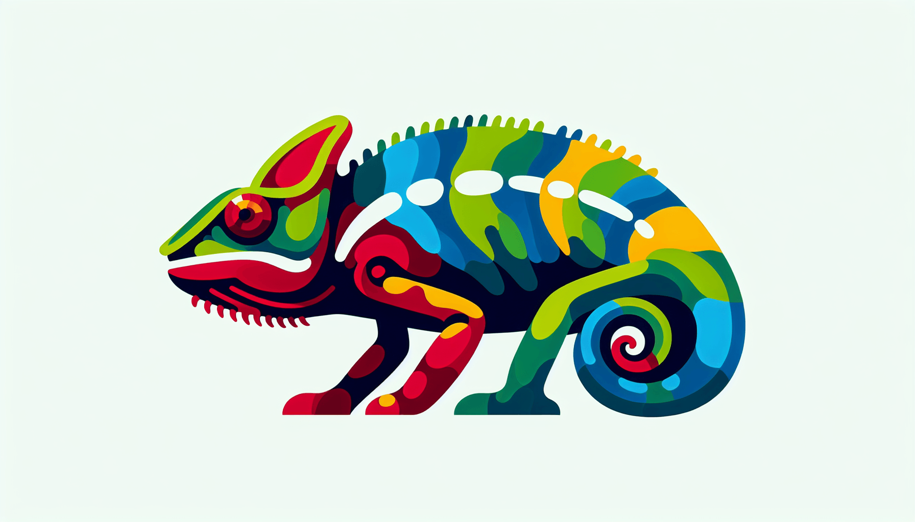 Chameleon in flat illustration style and white background, red #f47574, green #88c7a8, yellow #fcc44b, and blue #645bc8 colors.