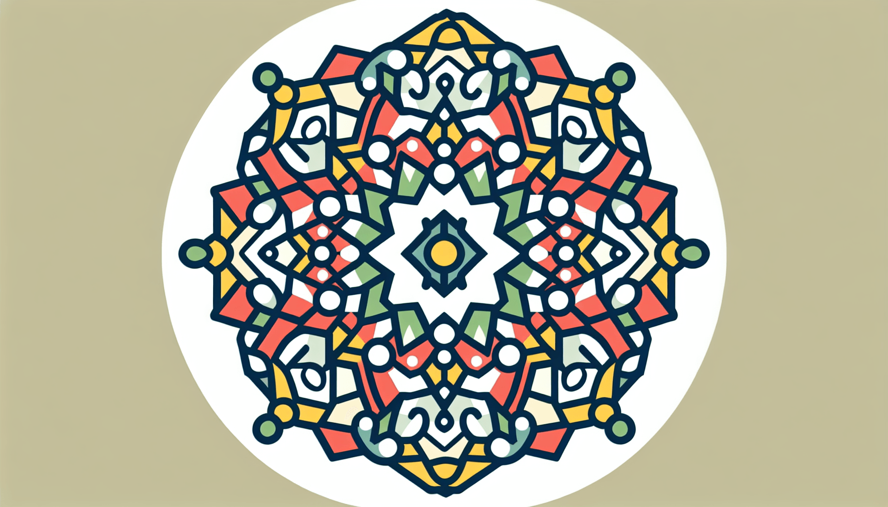 Kaleidoscope in flat illustration style and white background, red #f47574, green #88c7a8, yellow #fcc44b, and blue #645bc8 colors.