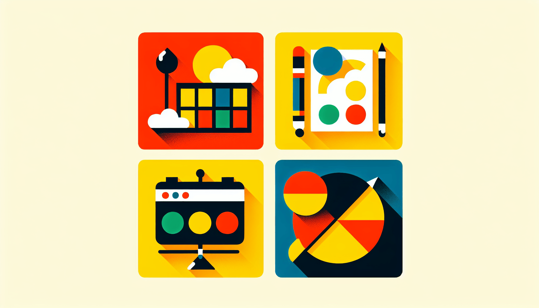 Stencil in flat illustration style and white background, red #f47574, green #88c7a8, yellow #fcc44b, and blue #645bc8 colors.