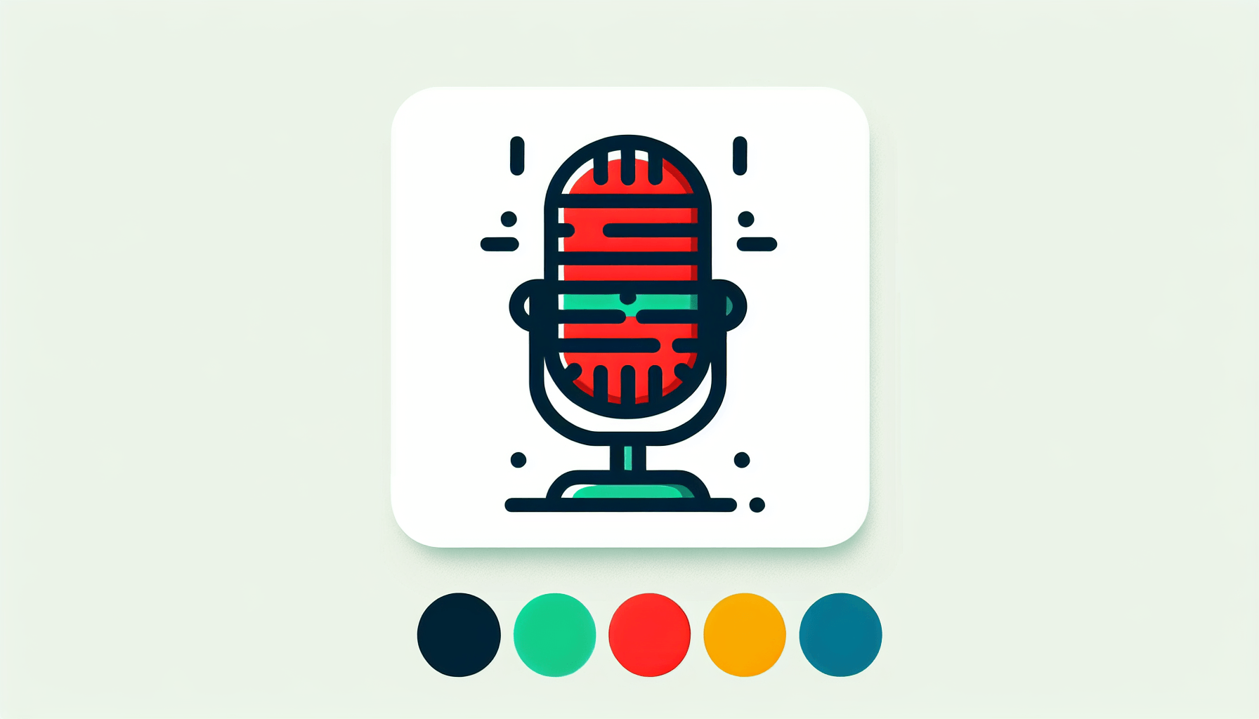 Microphone in flat illustration style and white background, red #f47574, green #88c7a8, yellow #fcc44b, and blue #645bc8 colors.