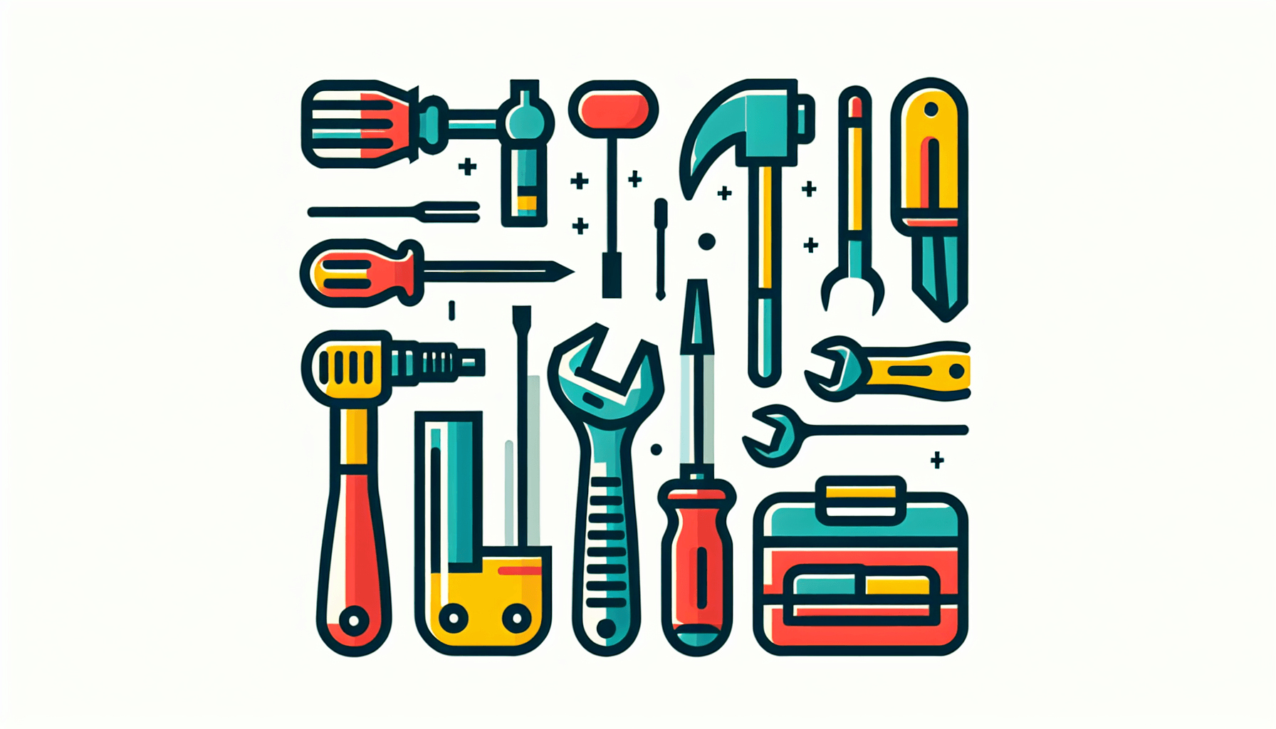Toolkit in flat illustration style and white background, red #f47574, green #88c7a8, yellow #fcc44b, and blue #645bc8 colors.