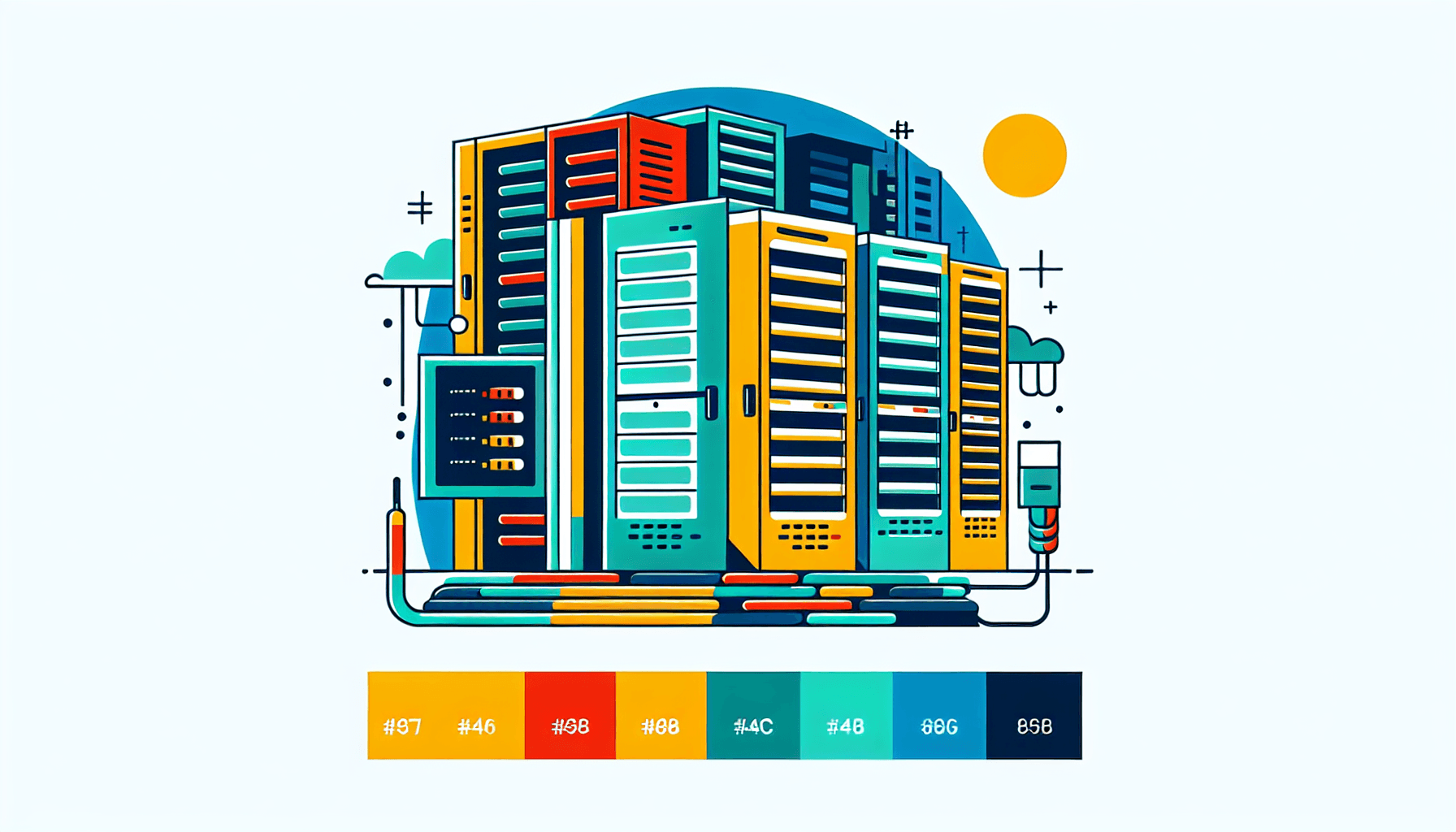 Data center in flat illustration style and white background, red #f47574, green #88c7a8, yellow #fcc44b, and blue #645bc8 colors.
