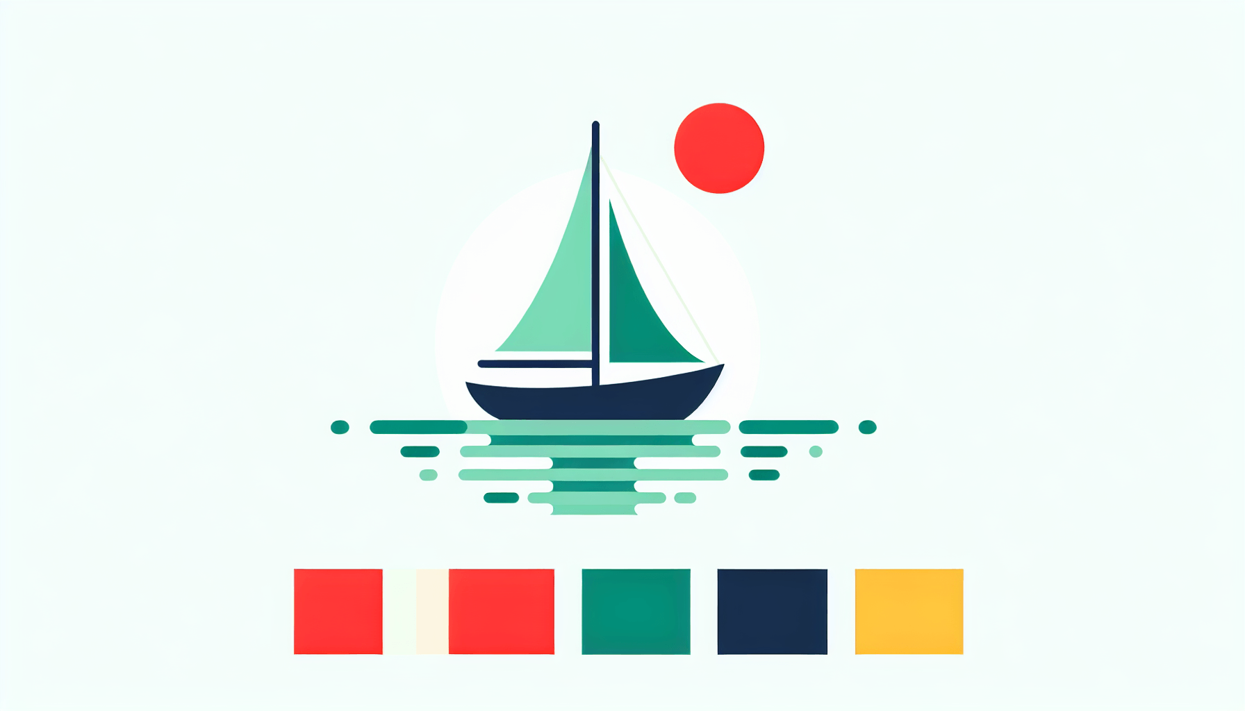 Sailboat in flat illustration style and white background, red #f47574, green #88c7a8, yellow #fcc44b, and blue #645bc8 colors.
