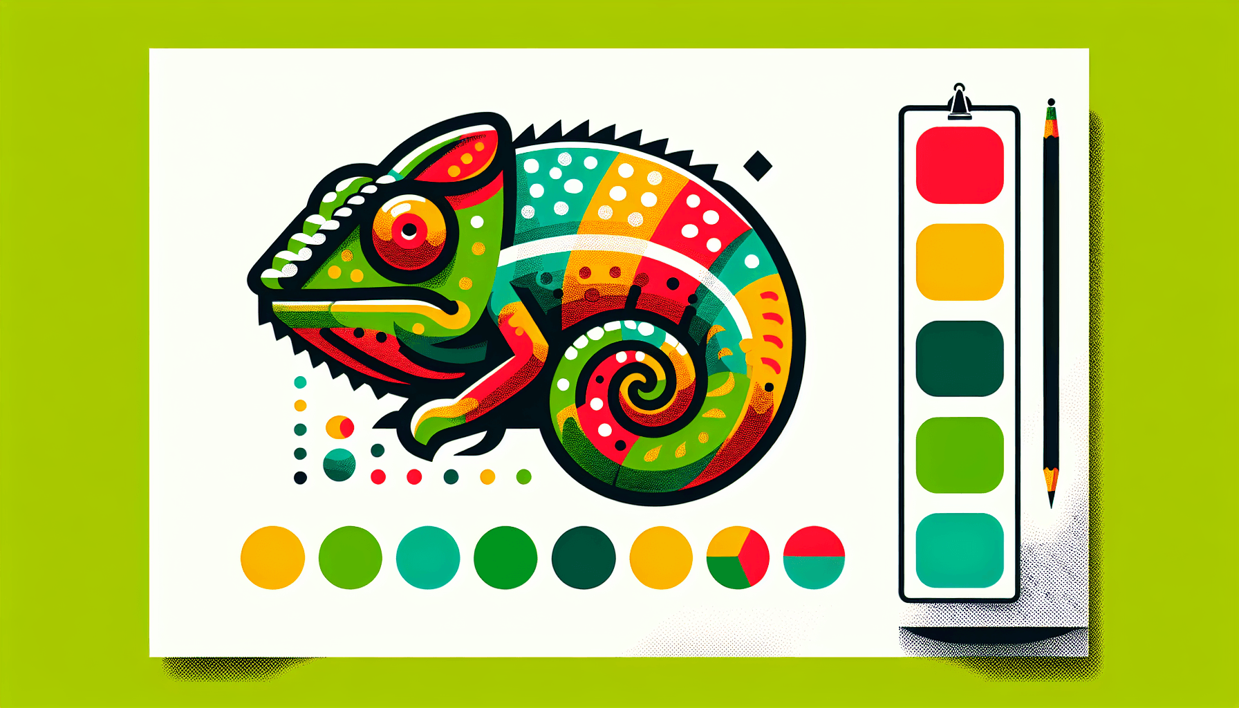 Chameleon in flat illustration style and white background, red #f47574, green #88c7a8, yellow #fcc44b, and blue #645bc8 colors.