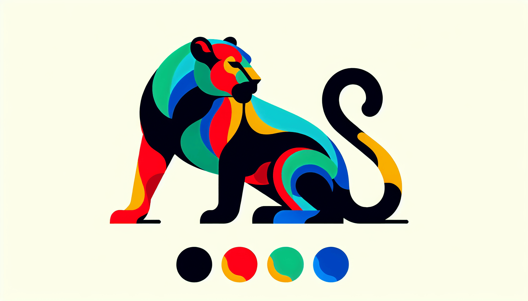Panther in flat illustration style and white background, red #f47574, green #88c7a8, yellow #fcc44b, and blue #645bc8 colors.
