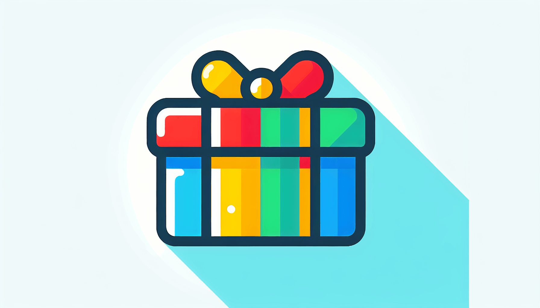 Gift box in flat illustration style and white background, red #f47574, green #88c7a8, yellow #fcc44b, and blue #645bc8 colors.