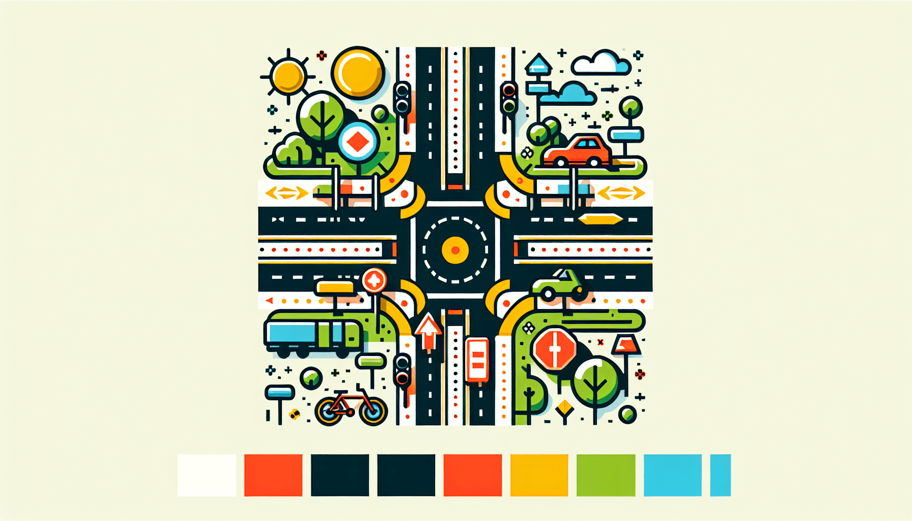 Crossroads in flat illustration style and white background, red #f47574, green #88c7a8, yellow #fcc44b, and blue #645bc8 colors.