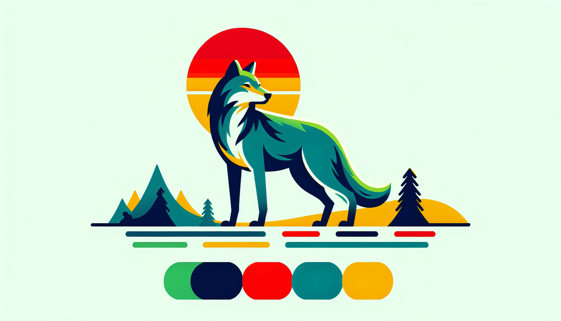 Lone wolf in flat illustration style and white background, red #f47574, green #88c7a8, yellow #fcc44b, and blue #645bc8 colors.
