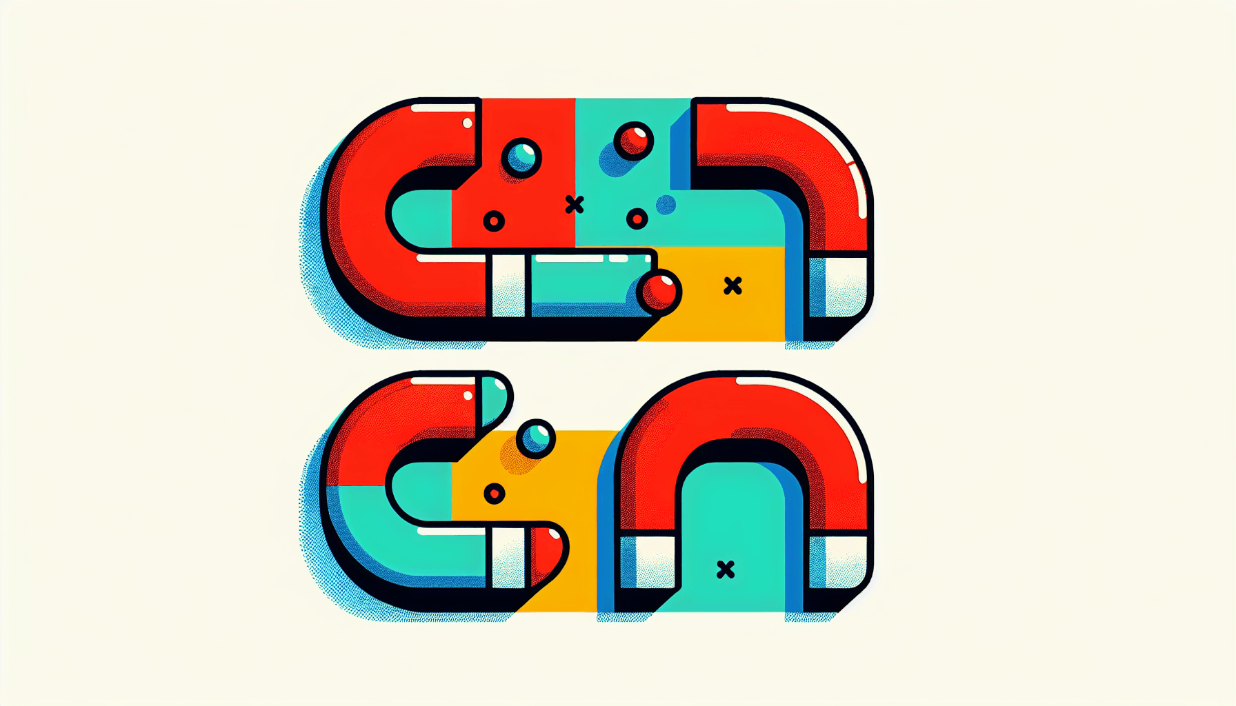 Magnet in flat illustration style and white background, red #f47574, green #88c7a8, yellow #fcc44b, and blue #645bc8 colors.