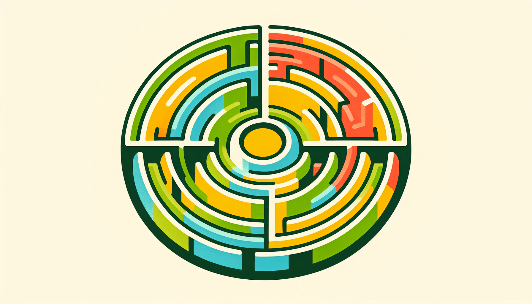 Labyrinth in flat illustration style and white background, red #f47574, green #88c7a8, yellow #fcc44b, and blue #645bc8 colors.