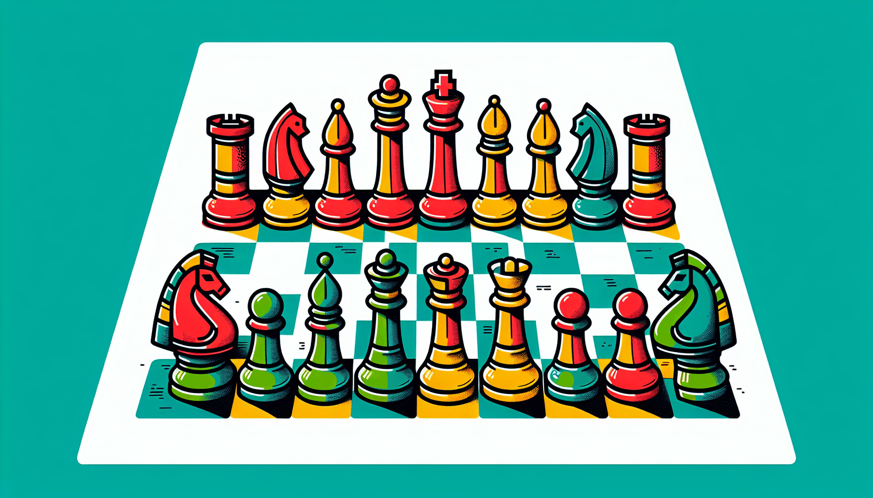 Chessboard in flat illustration style and white background, red #f47574, green #88c7a8, yellow #fcc44b, and blue #645bc8 colors.