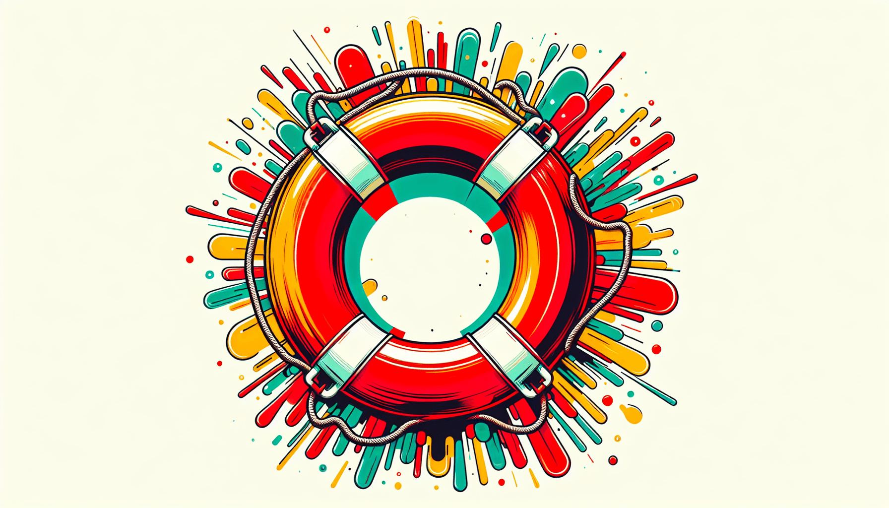 Lifebuoy in flat illustration style and white background, red #f47574, green #88c7a8, yellow #fcc44b, and blue #645bc8 colors.