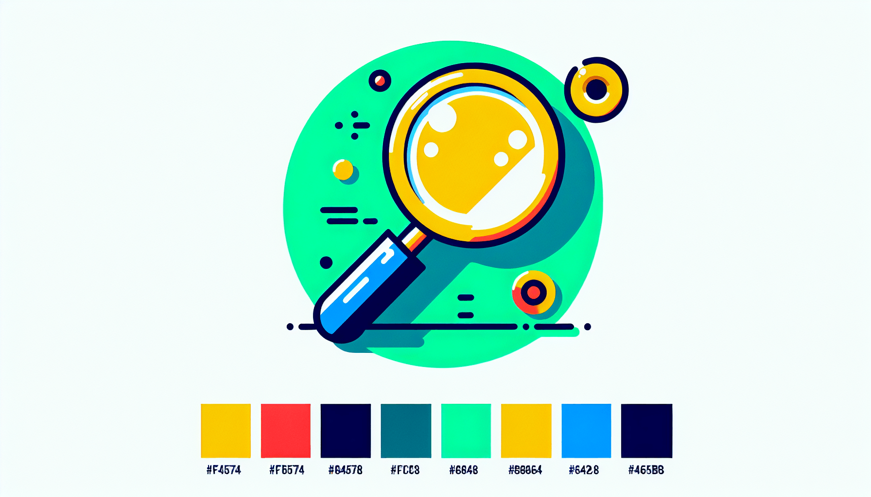 Magnifying glass in flat illustration style and white background, red #f47574, green #88c7a8, yellow #fcc44b, and blue #645bc8 colors.