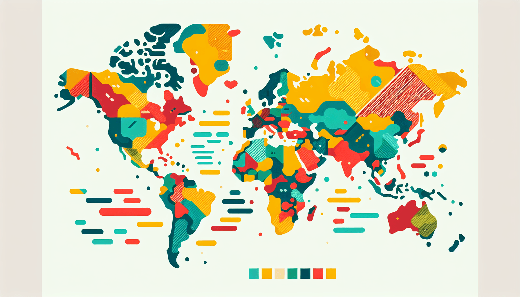 Map in flat illustration style and white background, red #f47574, green #88c7a8, yellow #fcc44b, and blue #645bc8 colors.