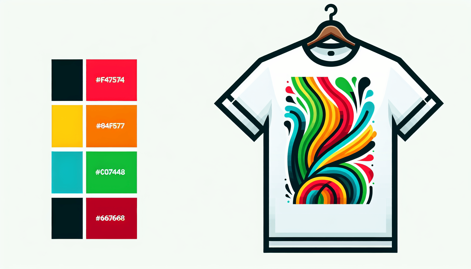 T-shirt in flat illustration style and white background, red #f47574, green #88c7a8, yellow #fcc44b, and blue #645bc8 colors.