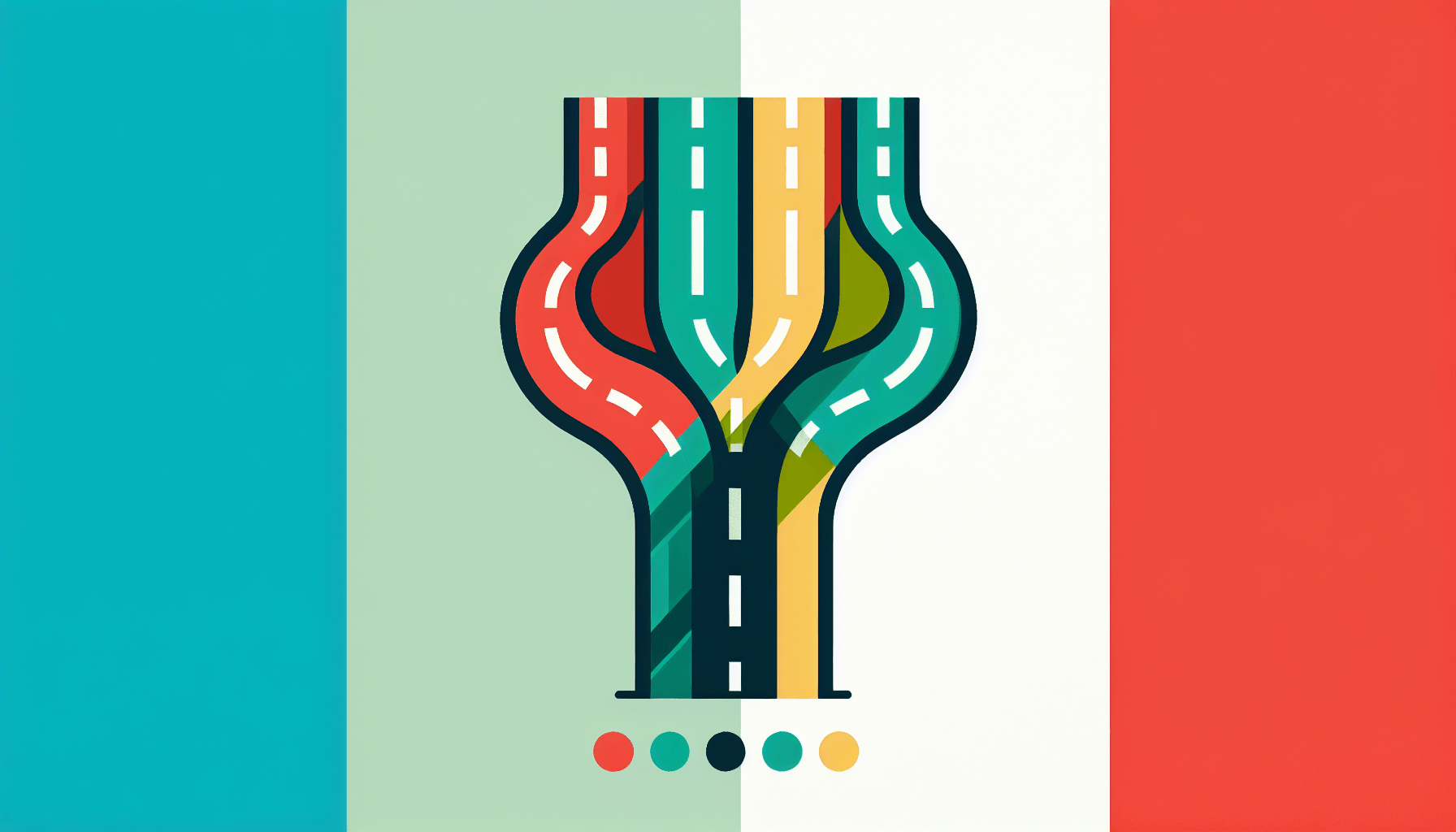 Fork in road in flat illustration style and white background, red #f47574, green #88c7a8, yellow #fcc44b, and blue #645bc8 colors.