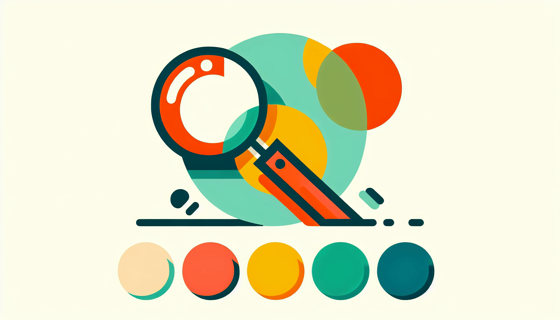 Magnifying glass in flat illustration style and white background, red #f47574, green #88c7a8, yellow #fcc44b, and blue #645bc8 colors.