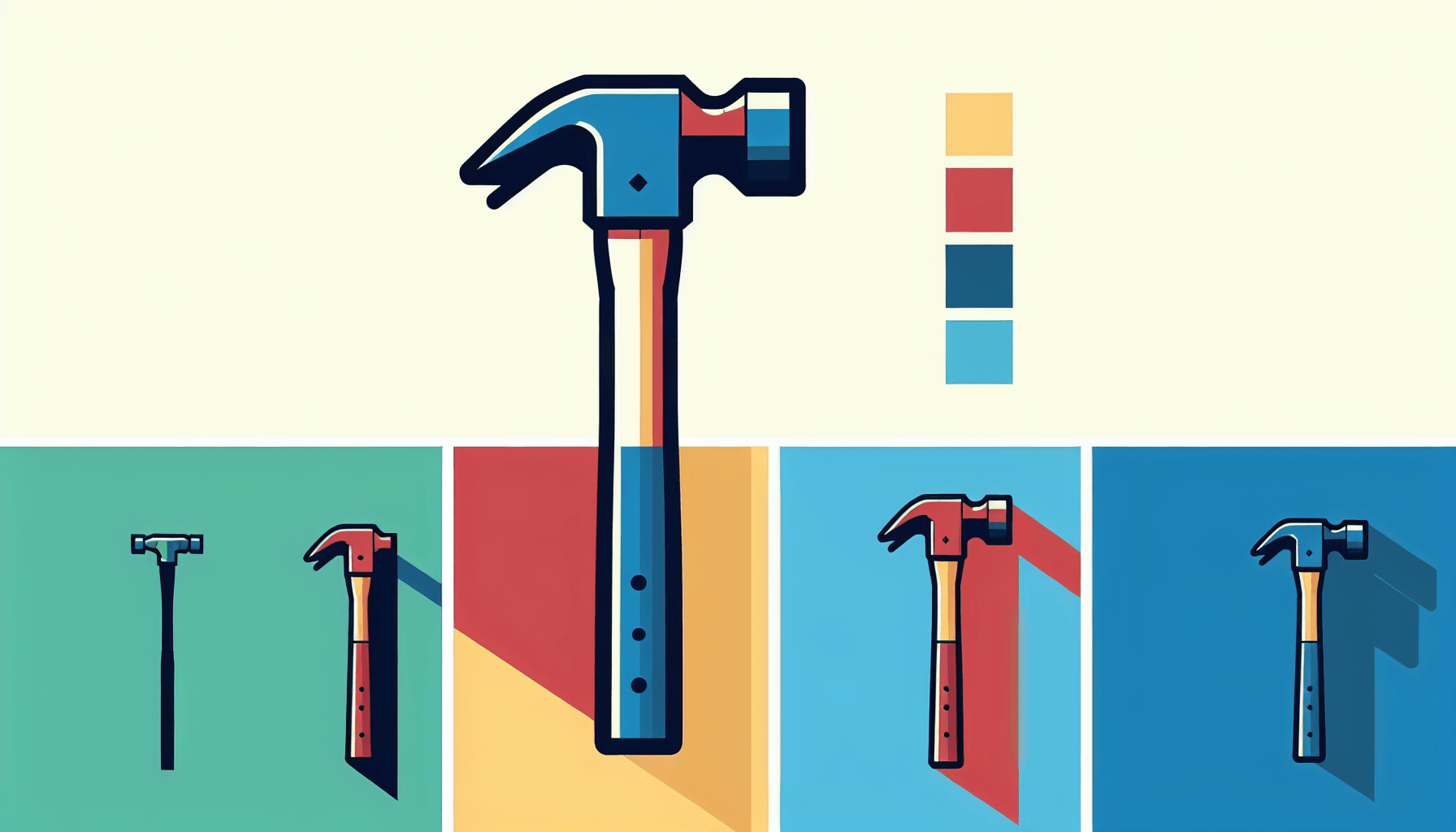 Hammer in flat illustration style and white background, red #f47574, green #88c7a8, yellow #fcc44b, and blue #645bc8 colors.