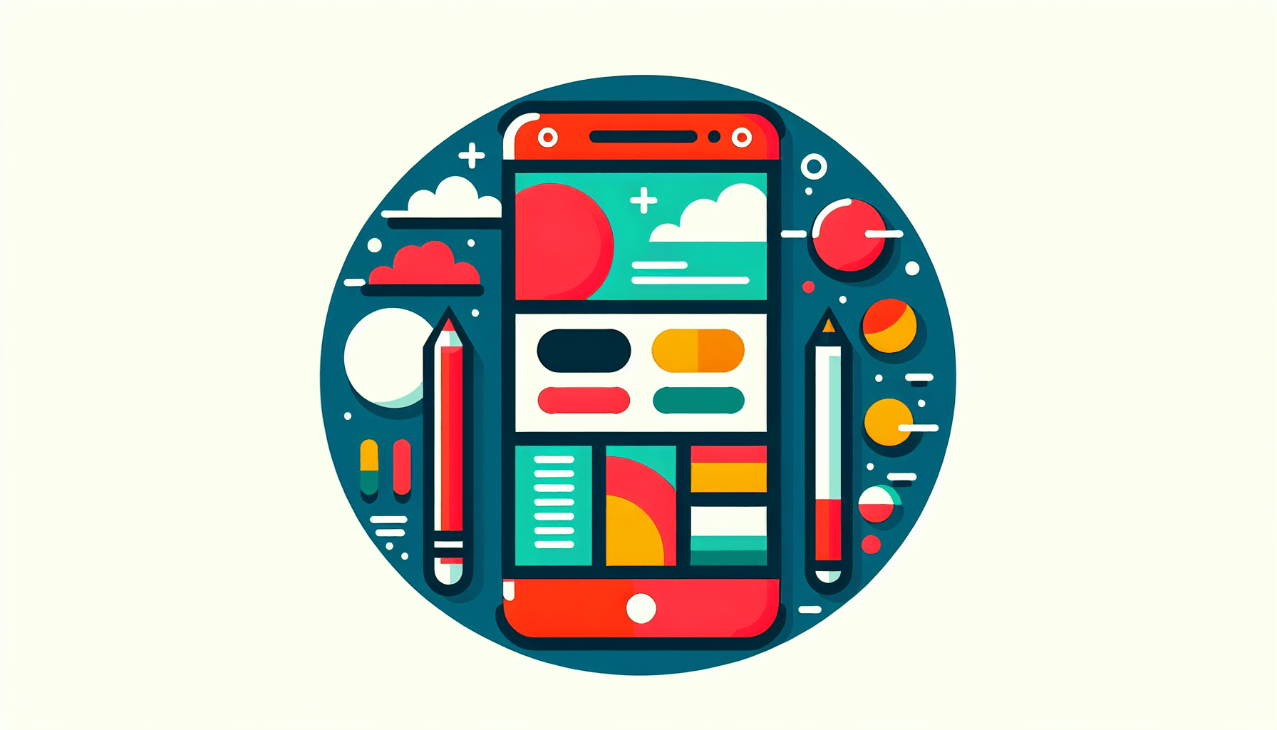 Smartphone in flat illustration style and white background, red #f47574, green #88c7a8, yellow #fcc44b, and blue #645bc8 colors.