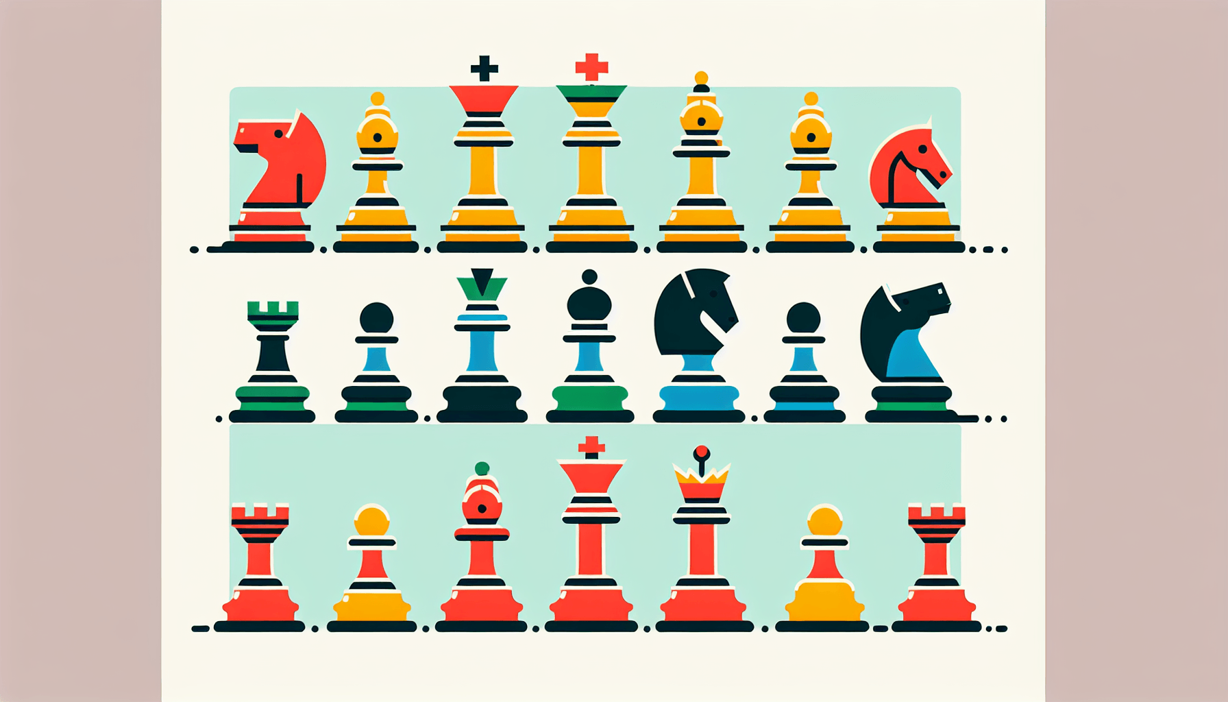 Chessboard in flat illustration style and white background, red #f47574, green #88c7a8, yellow #fcc44b, and blue #645bc8 colors.