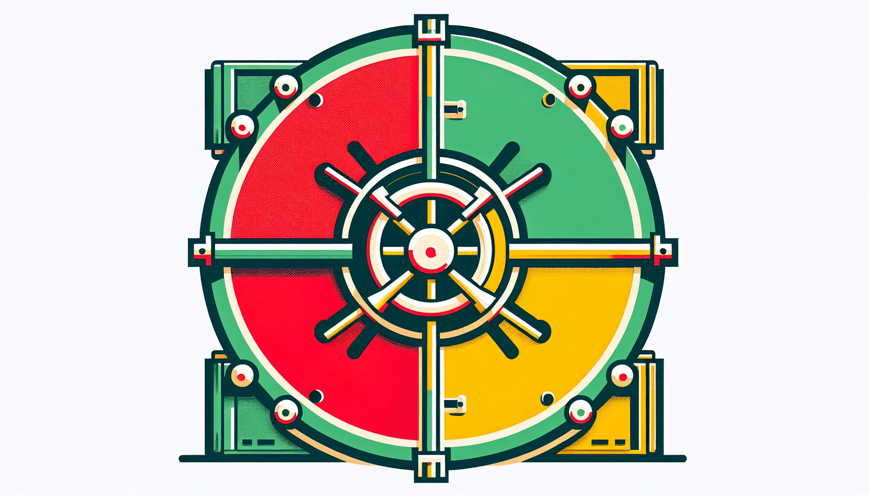 Vault in flat illustration style and white background, red #f47574, green #88c7a8, yellow #fcc44b, and blue #645bc8 colors.