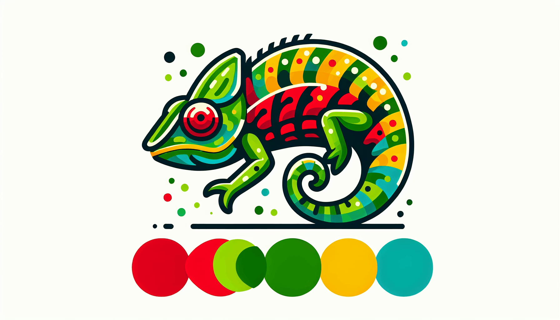 Chameleon in flat illustration style and white background, red #f47574, green #88c7a8, yellow #fcc44b, and blue #645bc8 colors.