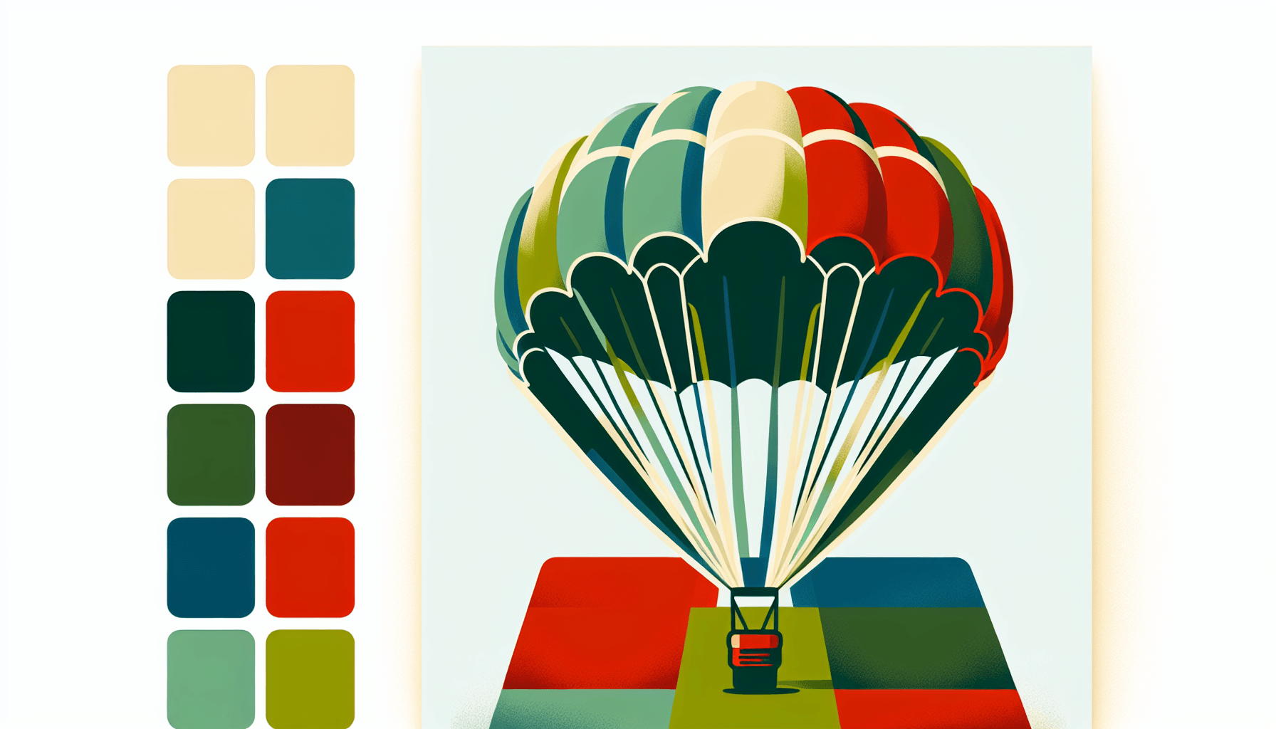 Parachute in flat illustration style and white background, red #f47574, green #88c7a8, yellow #fcc44b, and blue #645bc8 colors.