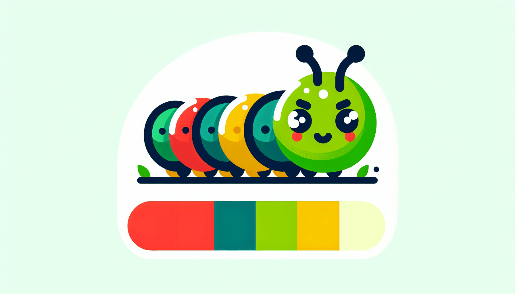Caterpillar in flat illustration style and white background, red #f47574, green #88c7a8, yellow #fcc44b, and blue #645bc8 colors.