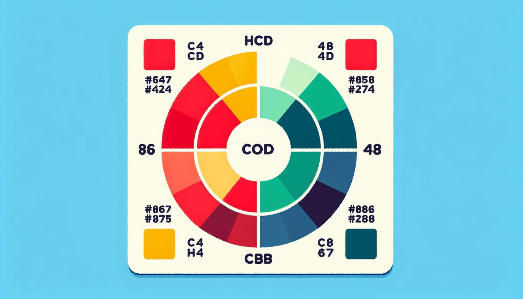 Palette in flat illustration style and white background, red #f47574, green #88c7a8, yellow #fcc44b, and blue #645bc8 colors.