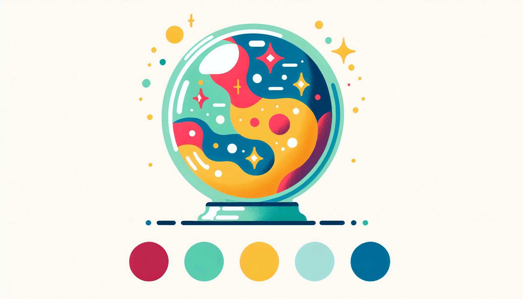 Crystal ball in flat illustration style and white background, red #f47574, green #88c7a8, yellow #fcc44b, and blue #645bc8 colors.