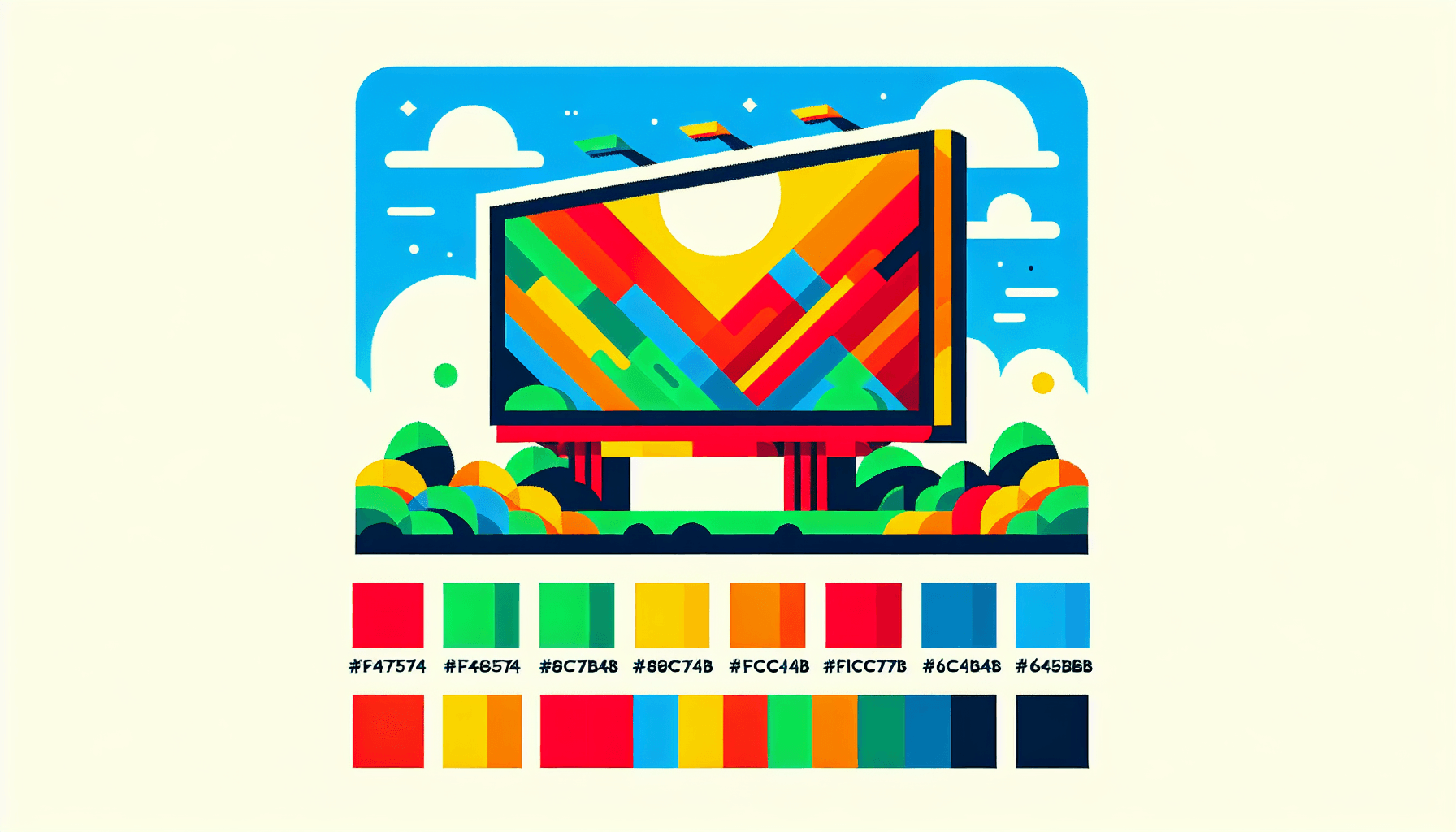 Billboard in flat illustration style and white background, red #f47574, green #88c7a8, yellow #fcc44b, and blue #645bc8 colors.