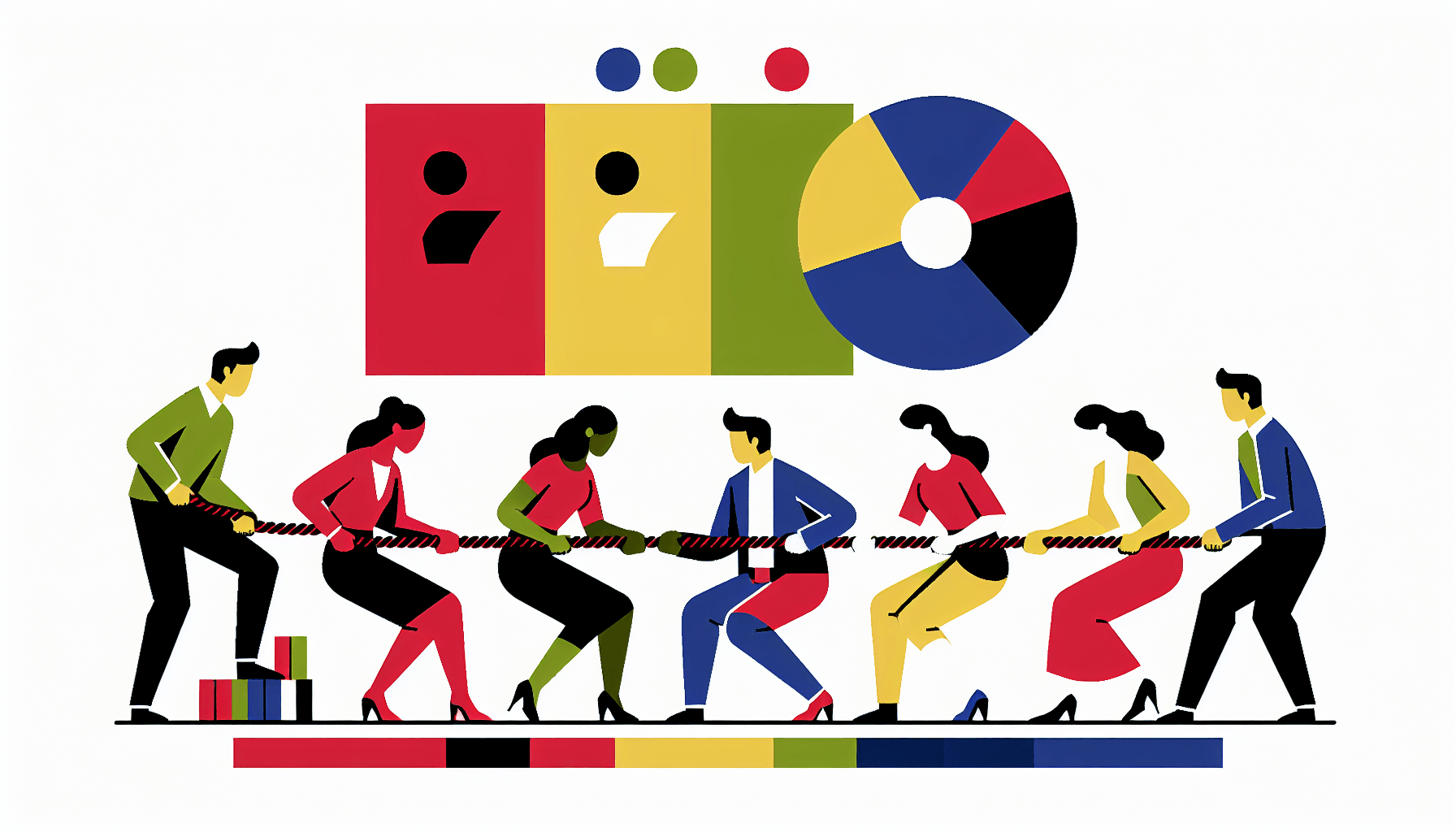 Team in flat illustration style and white background, red #f47574, green #88c7a8, yellow #fcc44b, and blue #645bc8 colors.