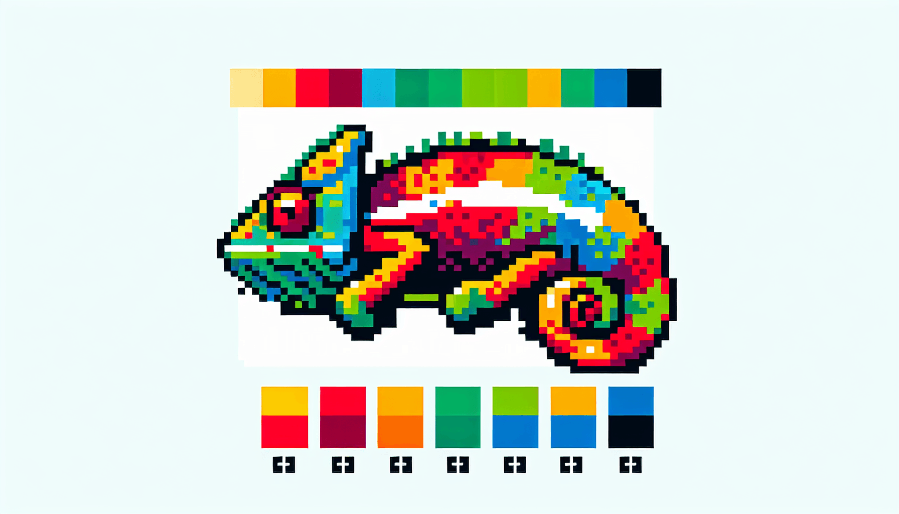 Chameleon in flat illustration style and white background, red #f47574, green #88c7a8, yellow #fcc44b, and blue #645bc8 colors.