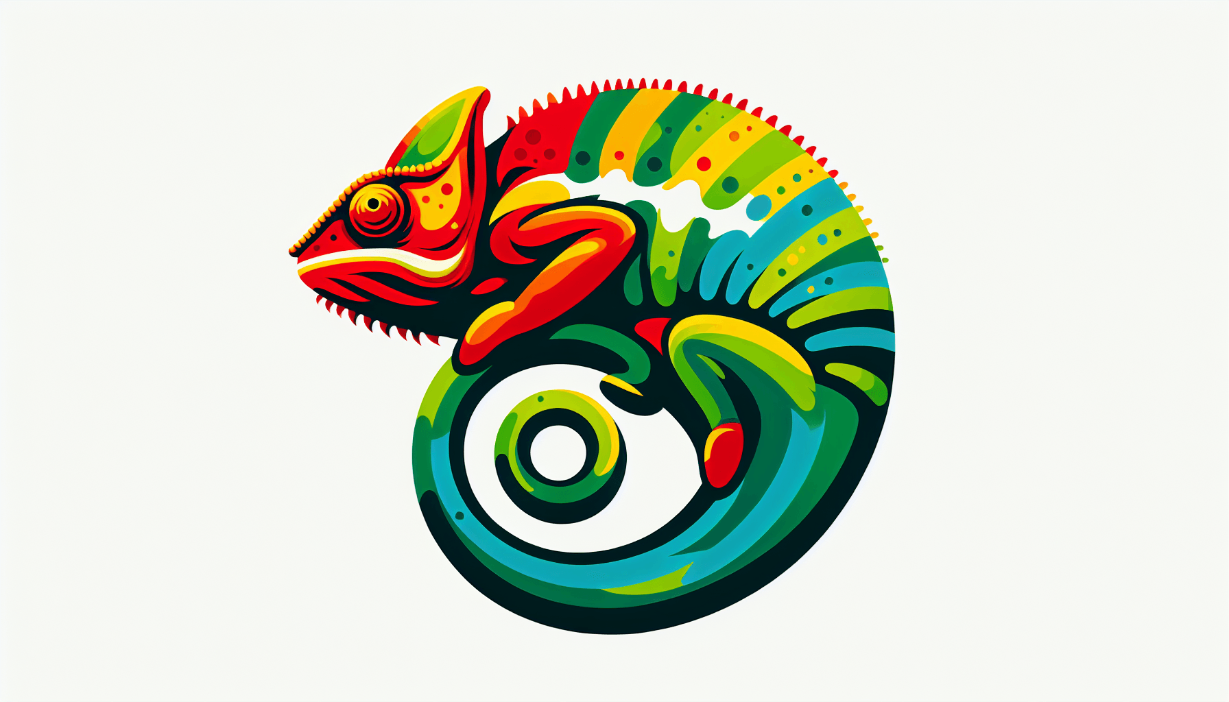 Chameleon in flat illustration style and white background, red #f47574, green #88c7a8, yellow #fcc44b, and blue #645bc8 colors.