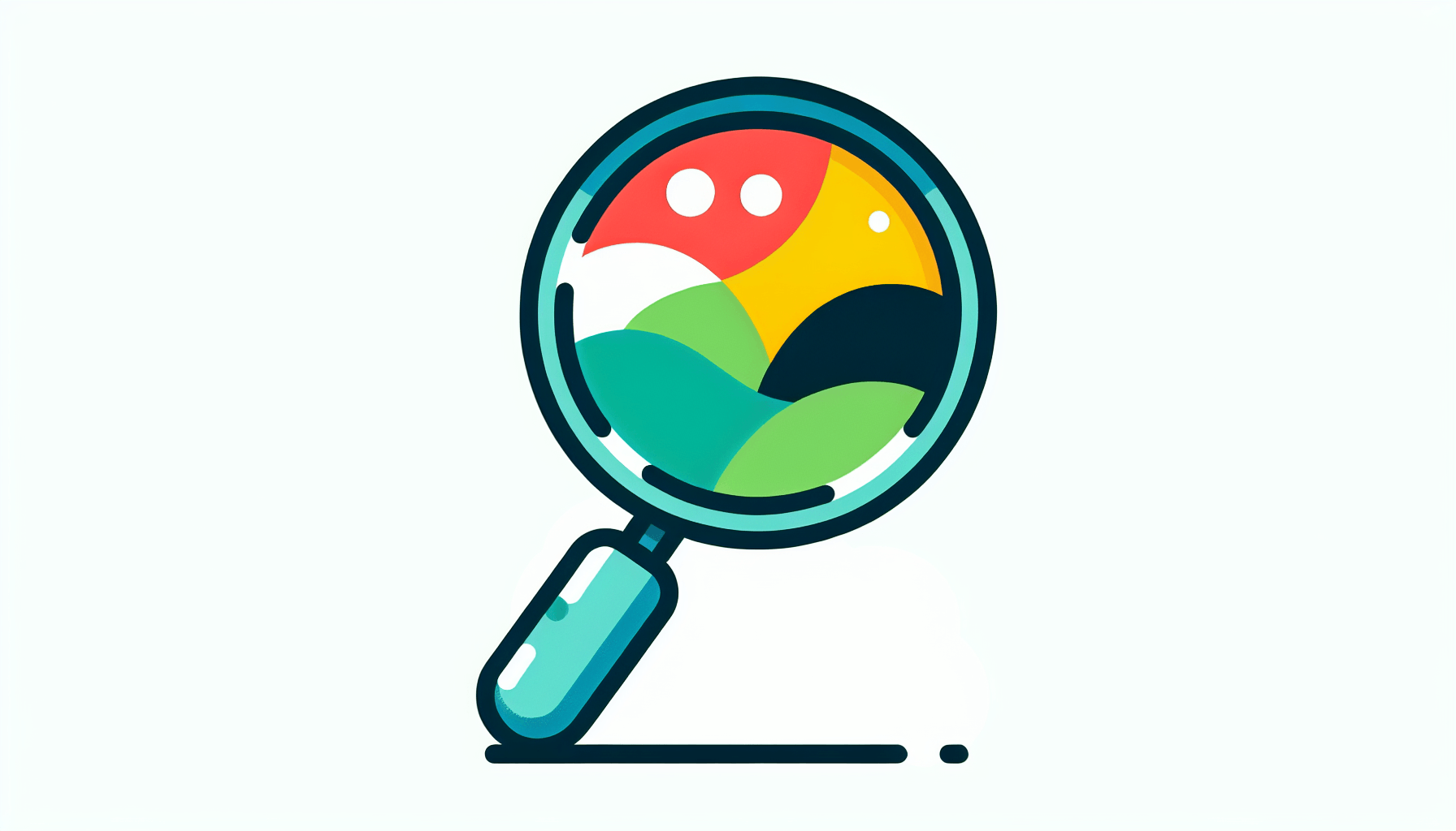 Magnifying glass in flat illustration style and white background, red #f47574, green #88c7a8, yellow #fcc44b, and blue #645bc8 colors.
