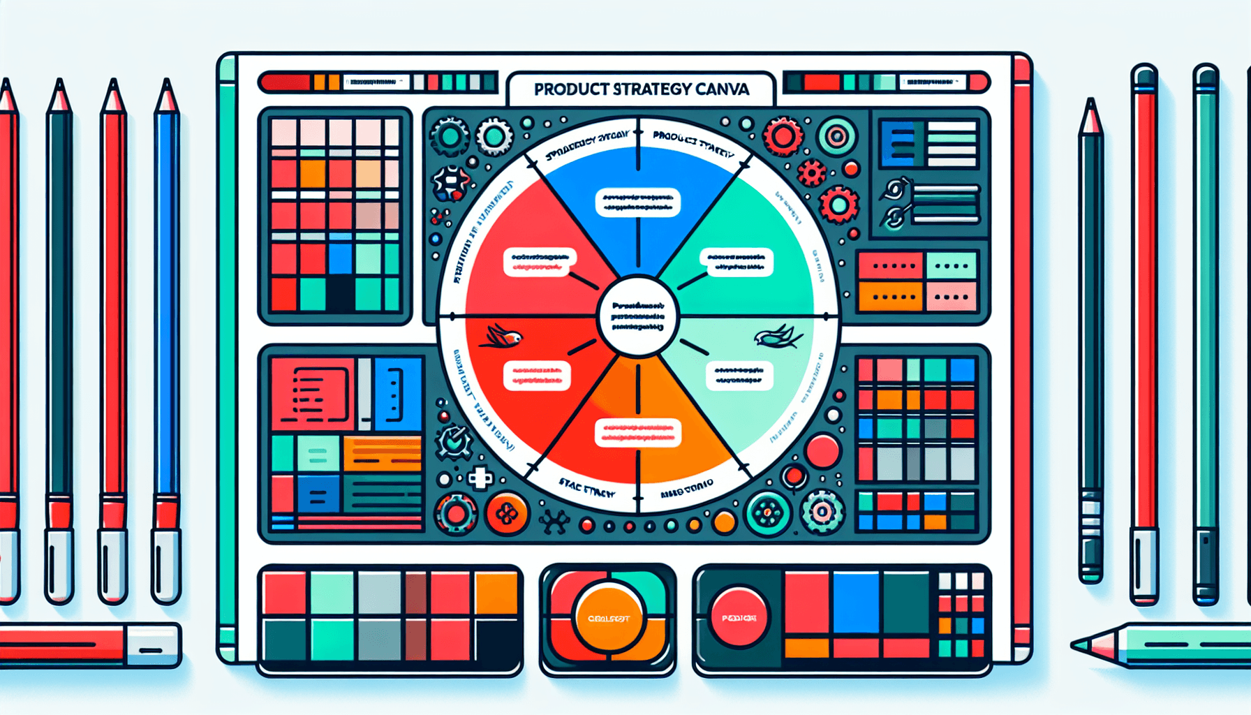What is a product strategy canvas? -> Palette in flat illustration style and white background, red #f47574, green #88c7a8, yellow #fcc44b, and blue #645bc8 colors.