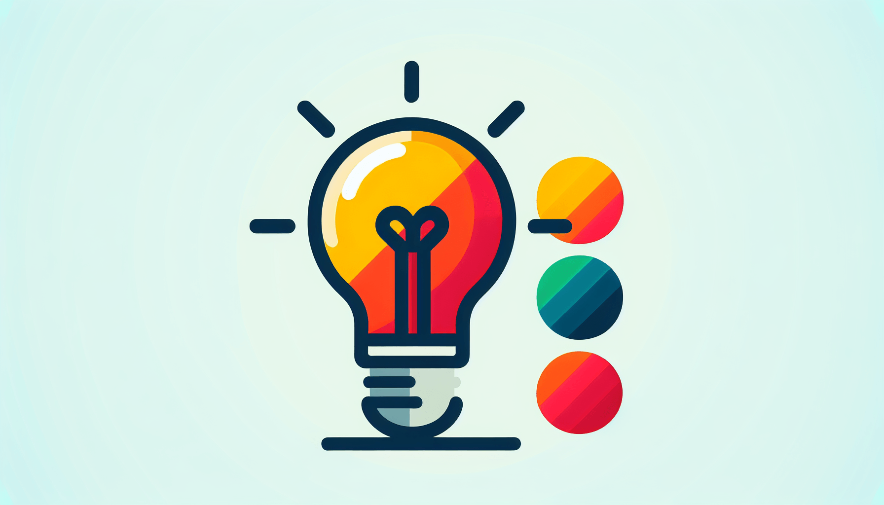 Light bulb in flat illustration style and white background, red #f47574, green #88c7a8, yellow #fcc44b, and blue #645bc8 colors.