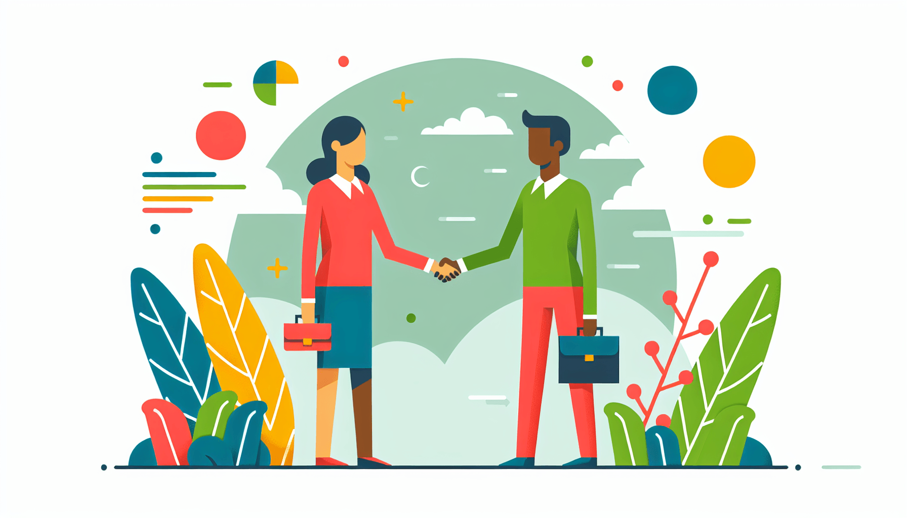 Partnership in flat illustration style and white background, red #f47574, green #88c7a8, yellow #fcc44b, and blue #645bc8 colors.