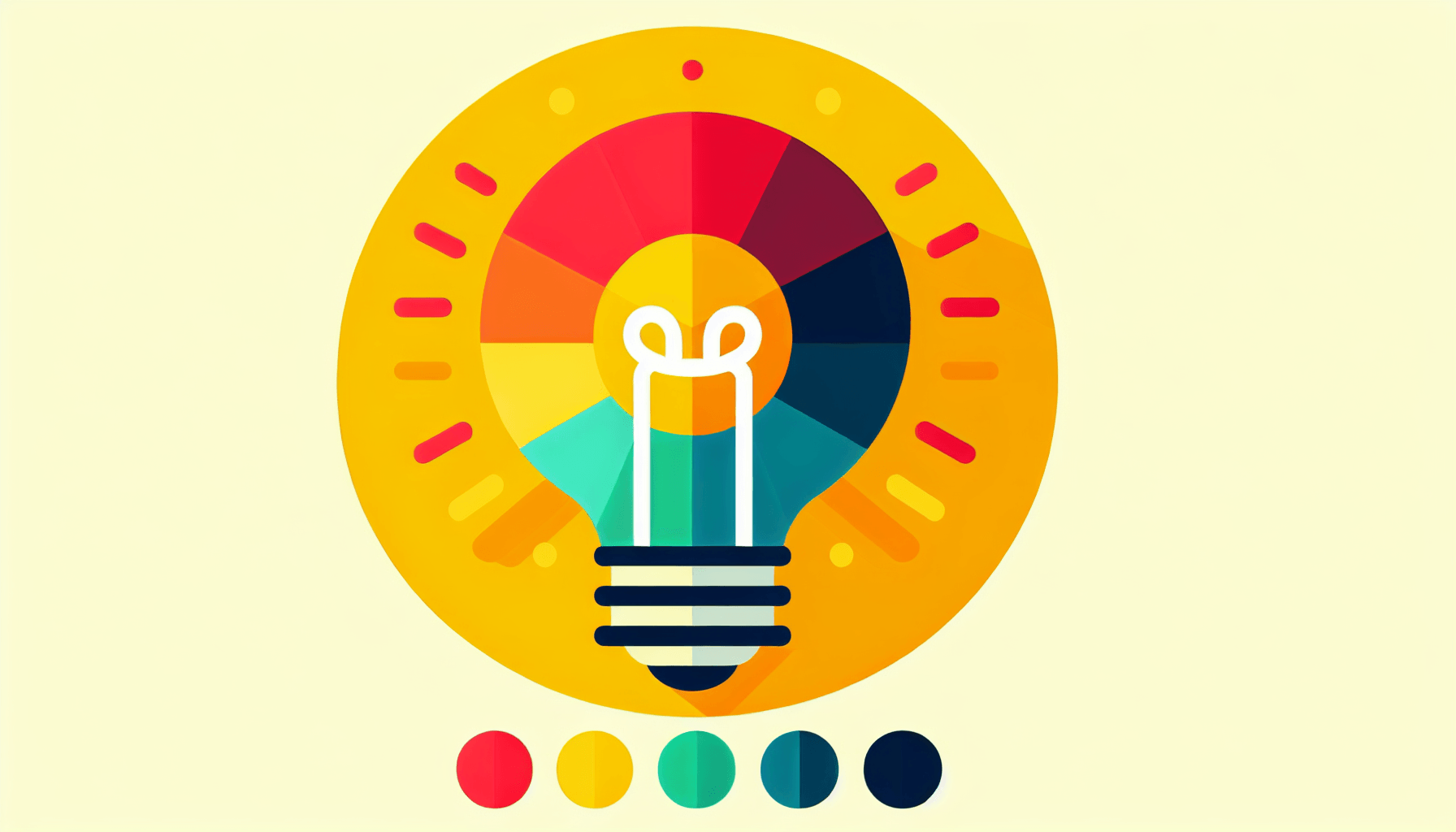 Lightbulb in flat illustration style and white background, red #f47574, green #88c7a8, yellow #fcc44b, and blue #645bc8 colors.