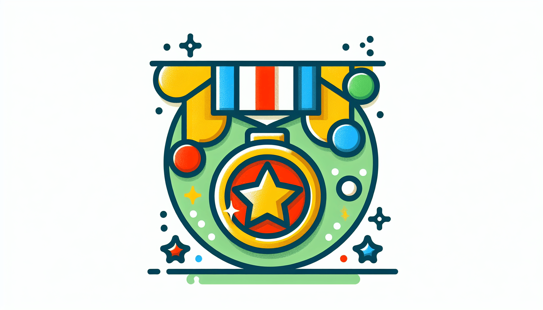 Medal in flat illustration style and white background, red #f47574, green #88c7a8, yellow #fcc44b, and blue #645bc8 colors.