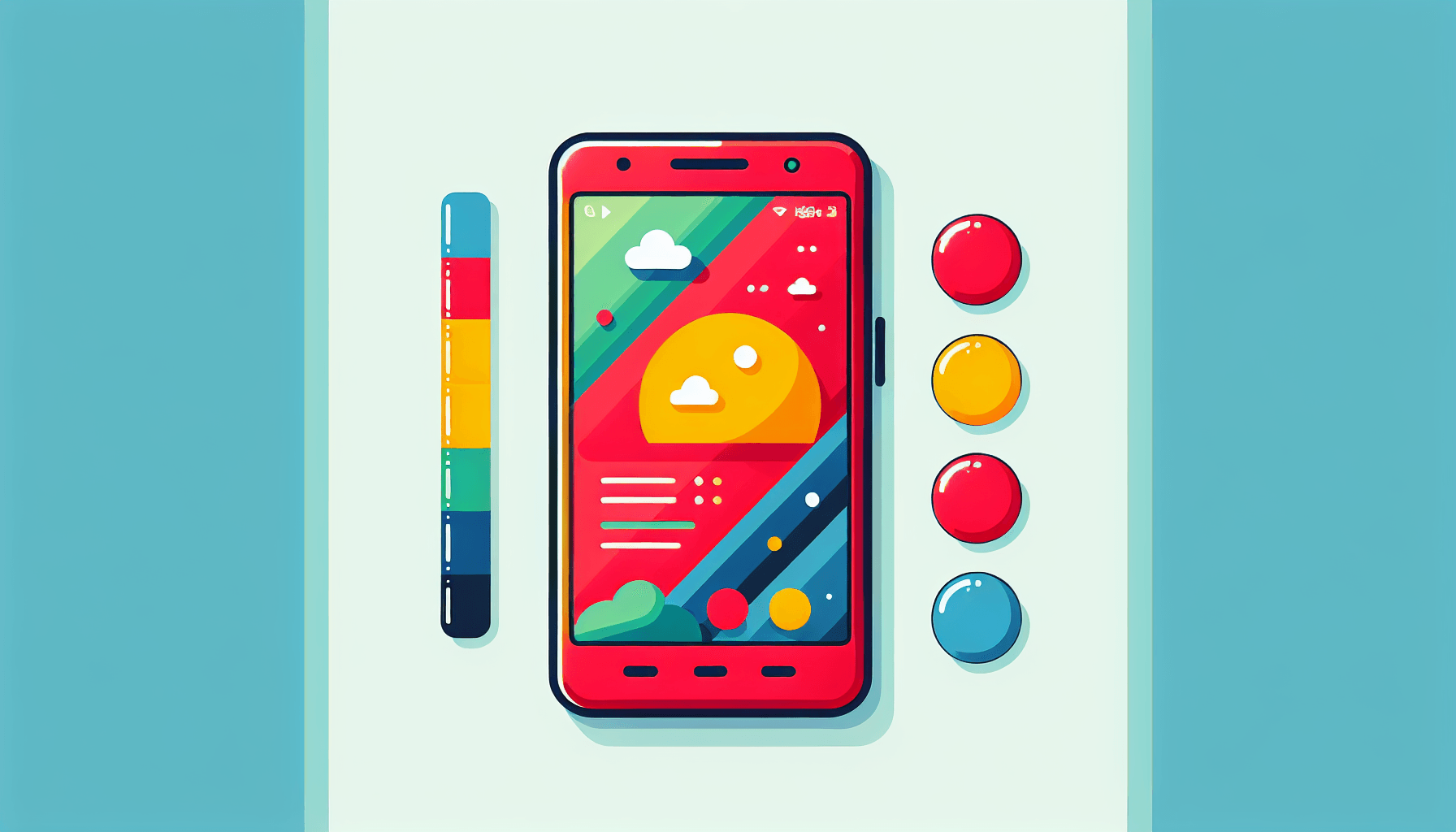 Smartphone in flat illustration style and white background, red #f47574, green #88c7a8, yellow #fcc44b, and blue #645bc8 colors.