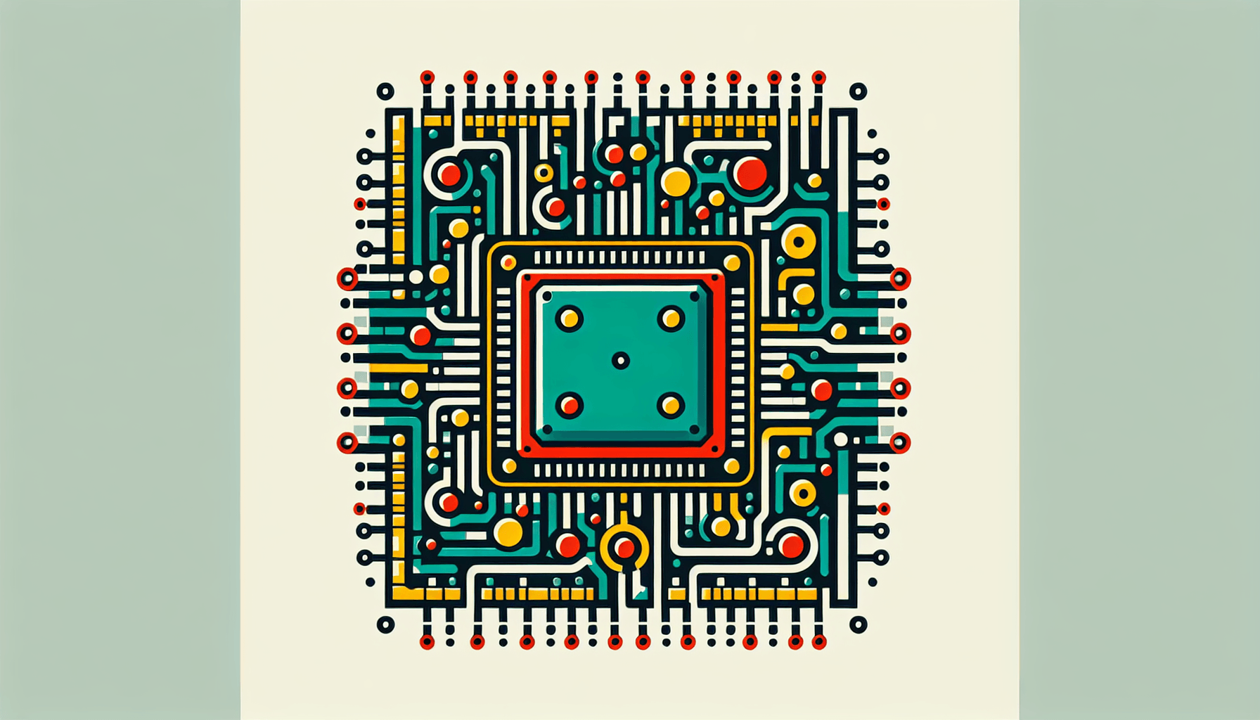 Microchip in flat illustration style and white background, red #f47574, green #88c7a8, yellow #fcc44b, and blue #645bc8 colors.