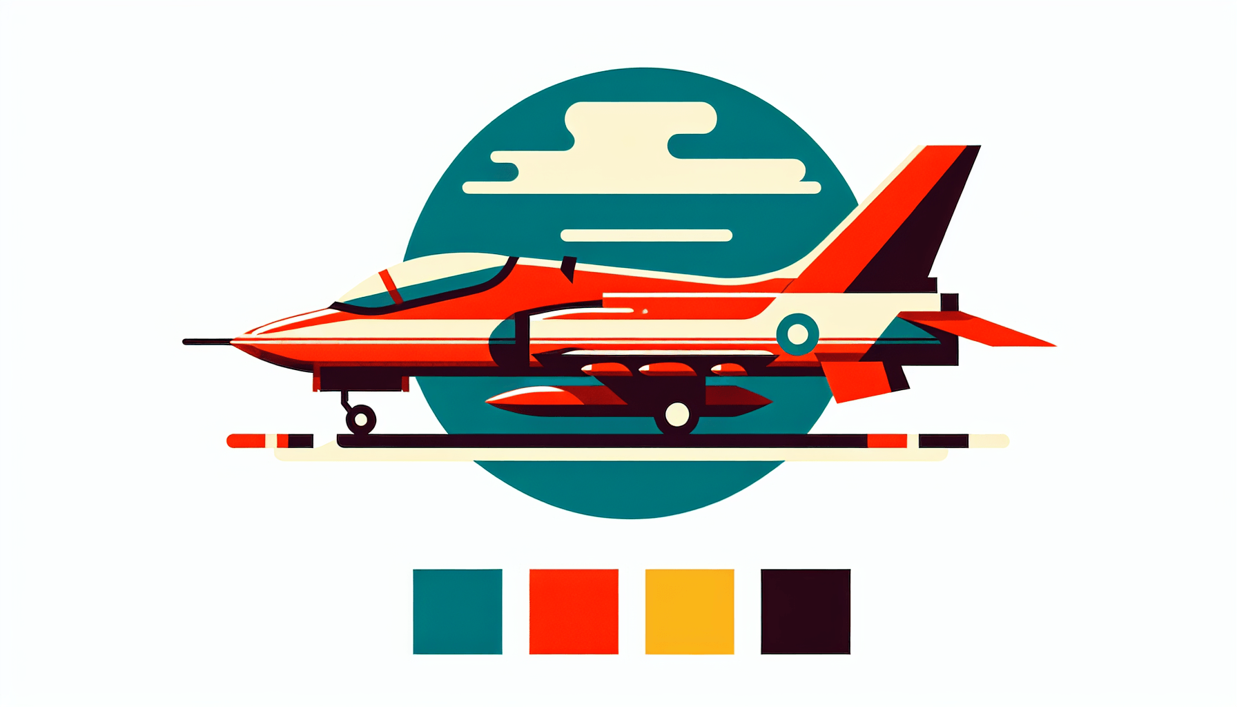 Jet in flat illustration style and white background, red #f47574, green #88c7a8, yellow #fcc44b, and blue #645bc8 colors.