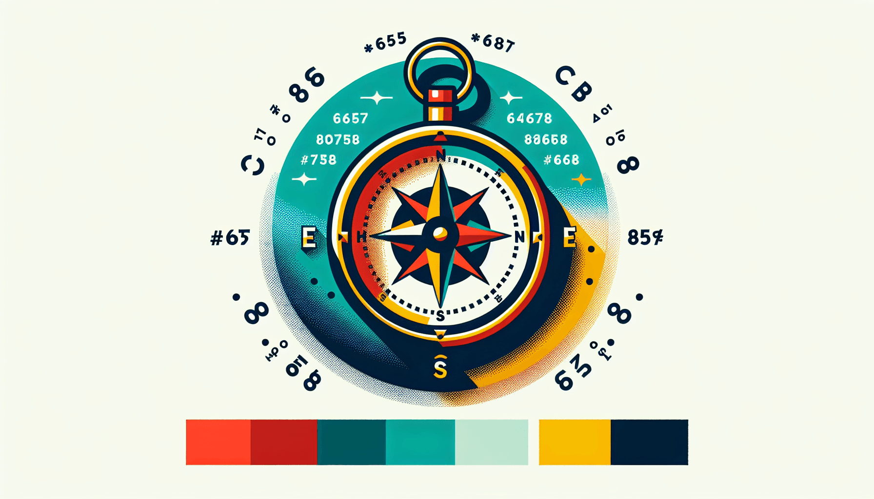 Compass in flat illustration style and white background, red #f47574, green #88c7a8, yellow #fcc44b, and blue #645bc8 colors.