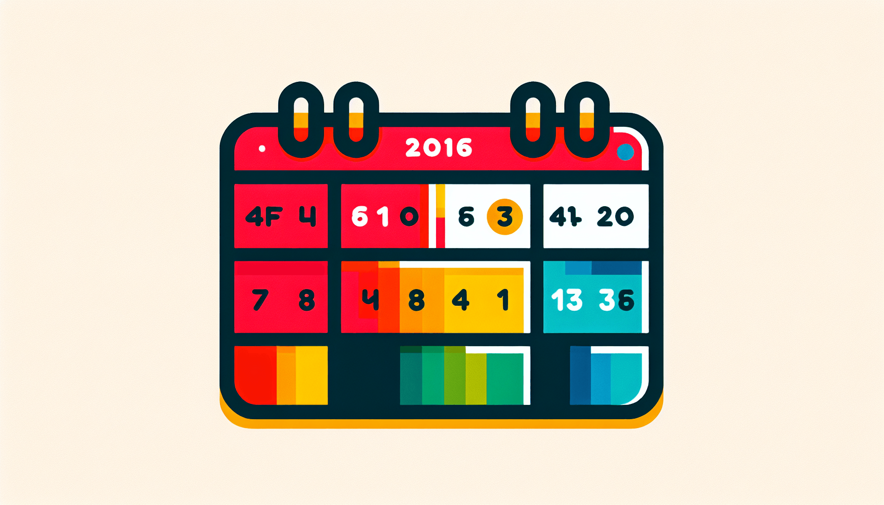 Calendar in flat illustration style and white background, red #f47574, green #88c7a8, yellow #fcc44b, and blue #645bc8 colors.