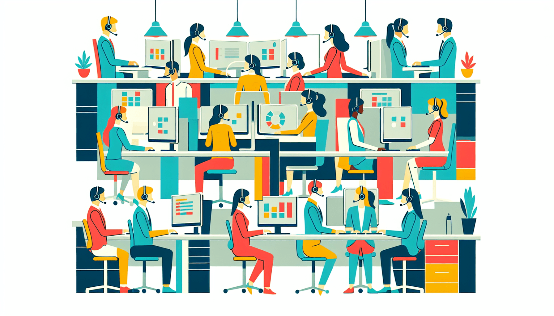 Call center in flat illustration style and white background, red #f47574, green #88c7a8, yellow #fcc44b, and blue #645bc8 colors.