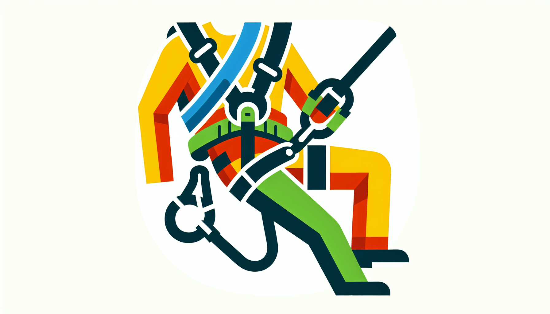 Rappelling harness in flat illustration style and white background, red #f47574, green #88c7a8, yellow #fcc44b, and blue #645bc8 colors.