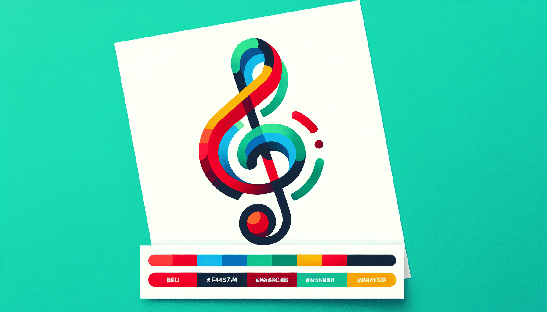 Treble clef in flat illustration style and white background, red #f47574, green #88c7a8, yellow #fcc44b, and blue #645bc8 colors.